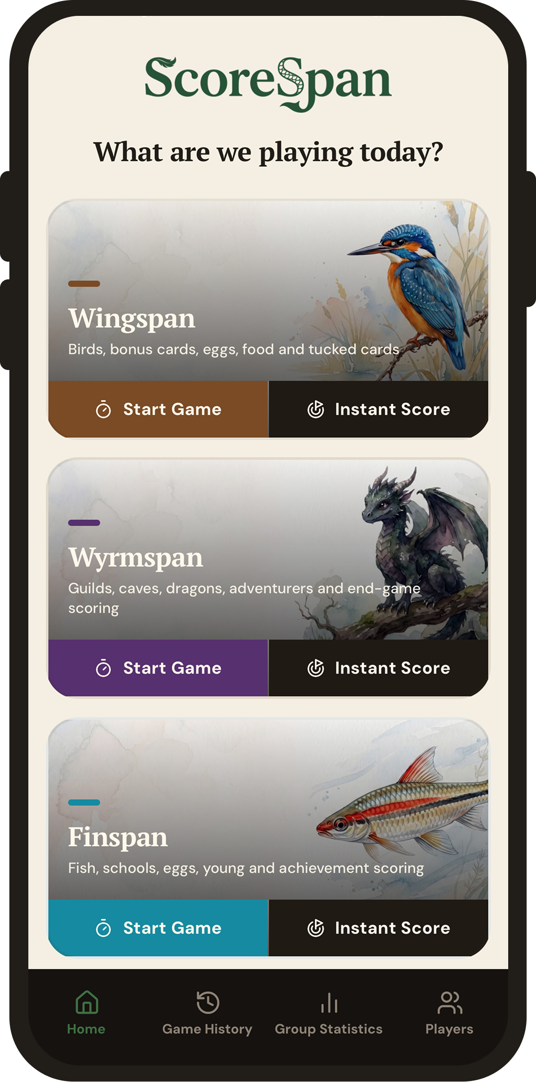 ScoreSpan home screen showing the three games
