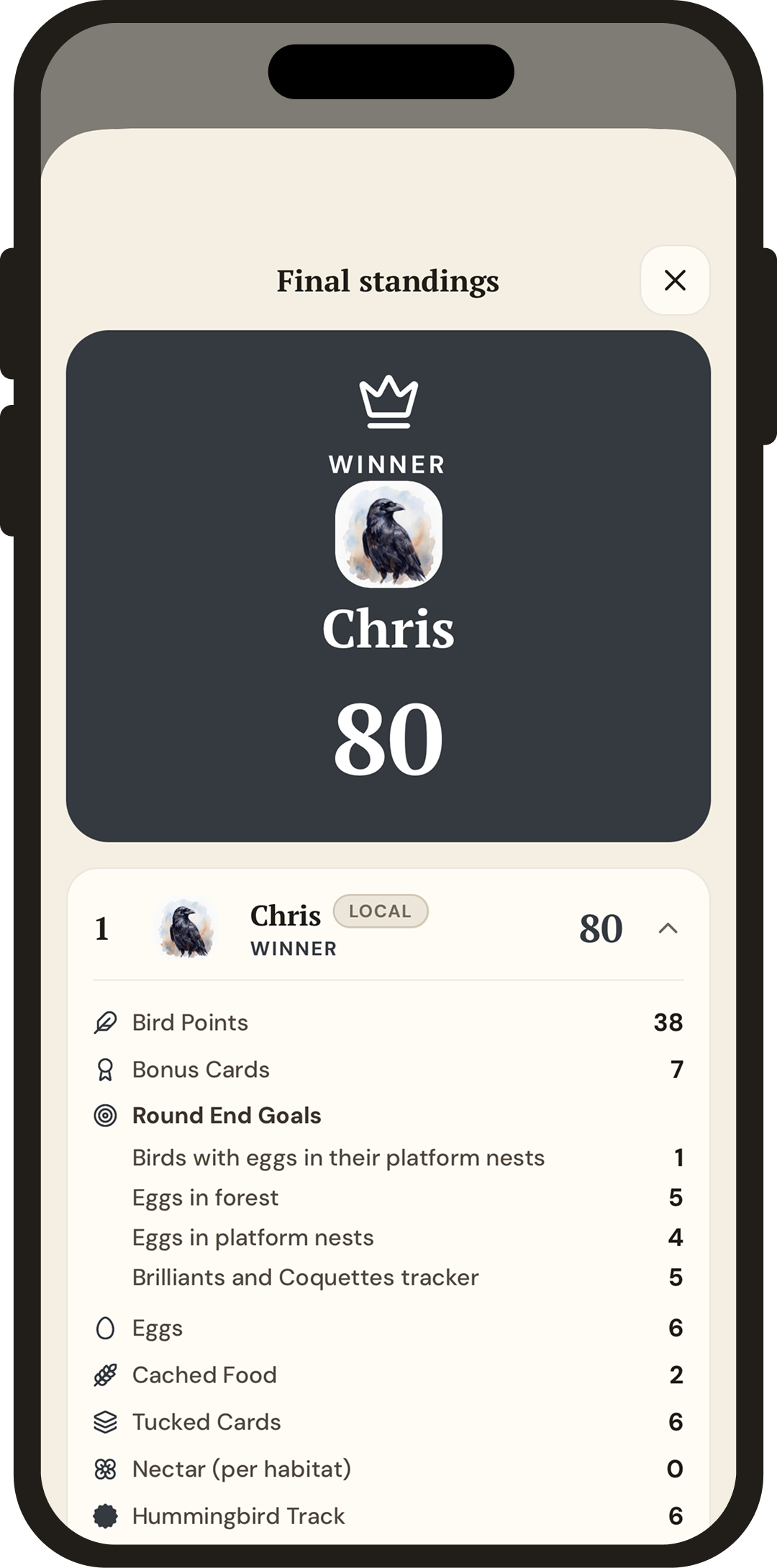 Final standings screen showing the winner with 80 points and a full category breakdown